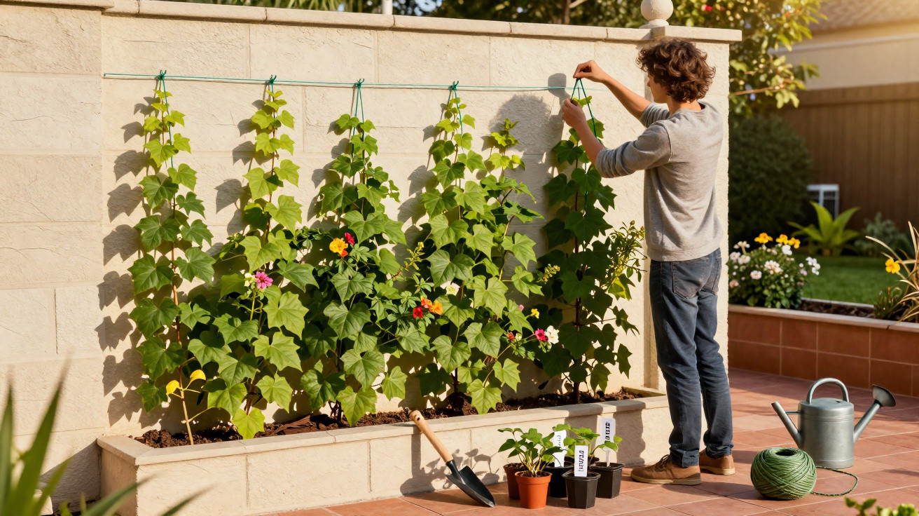 Person tying climbing plants to supports in a sunny garden patio with gardening tools nearby.
