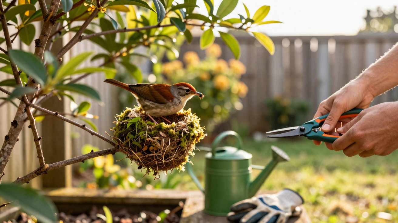 Small bird perched on a nest in tree branches with hands holding pruning shears nearby in a garden.