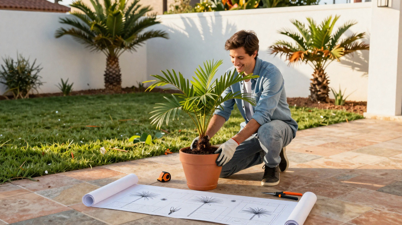 Man kneeling on a patio planting a palm tree in a pot next to landscape design blueprints and gardening tools.