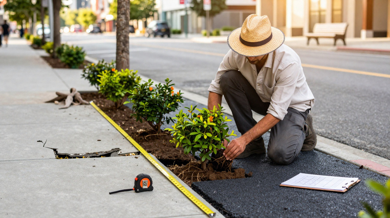 Man in a straw hat planting small orange trees along an urban street with measuring tape and clipboard nearby.