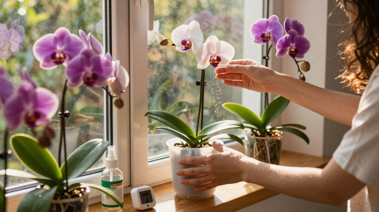 Person misting white orchid on a windowsill with multiple purple orchids in pots in natural light.