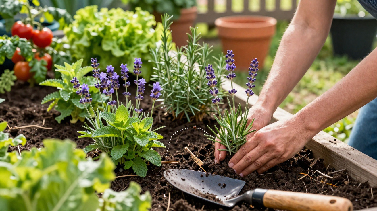 Person planting lavender and herbs in a raised garden bed with fresh soil and gardening trowel nearby.
