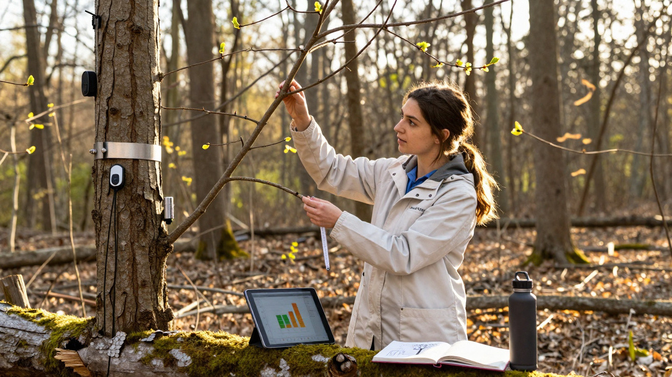 Scientist in a light jacket examining tree branches in a forest with tablet and notebook on a log.