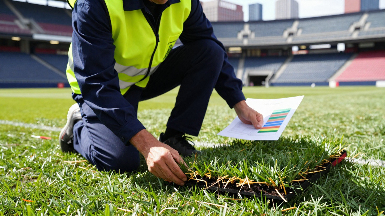 Person in high-visibility vest kneeling on stadium grass, examining turf samples and holding a colour chart.