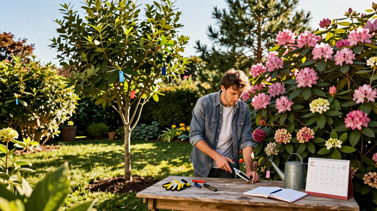 Man pruning plants on wooden table in sunny garden with pink flowers and gardening tools nearby