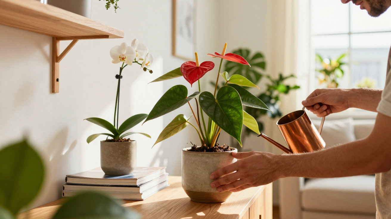 Person watering anthurium plant on a wooden table with an orchid and books in a bright living room.