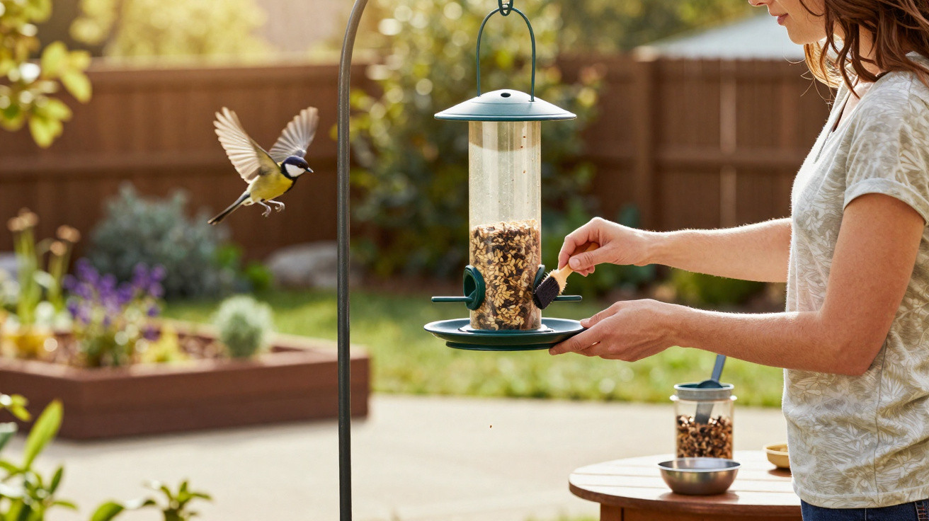 Woman refilling a hanging bird feeder outside as a small bird approaches mid-flight in a sunny garden.