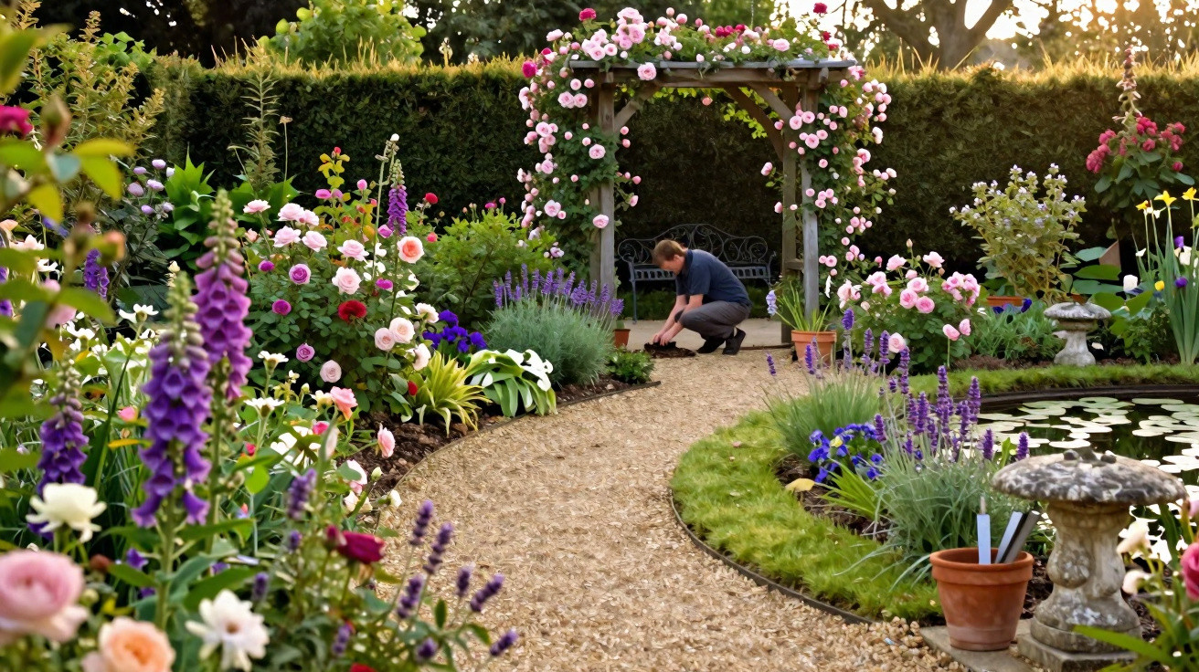Man gardening in a vibrant flower garden with a gravel path, arched trellis, and lily pond at sunset.
