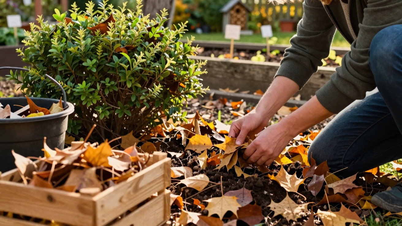 Person clearing autumn leaves from garden soil next to a green shrub, wooden crate, and black bucket.