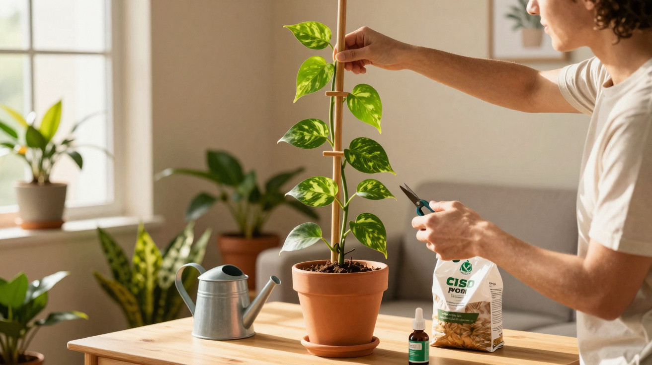 Person trimming a potted plant on a wooden table with a watering can and plant care items nearby.