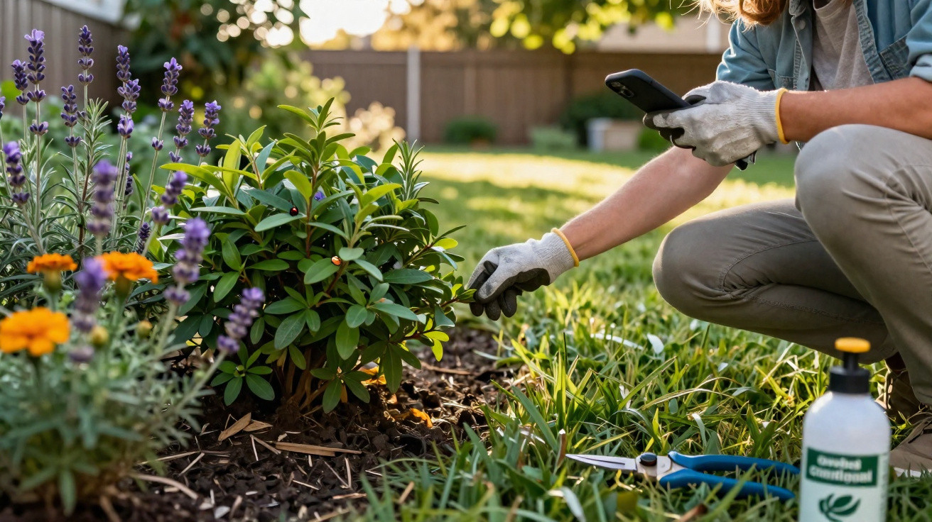 Person wearing gloves tending to a garden bush with flowers, holding a smartphone in a sunny backyard.
