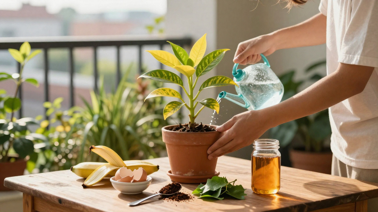 Person watering a potted plant on a wooden table with gardening supplies and honey jar nearby.