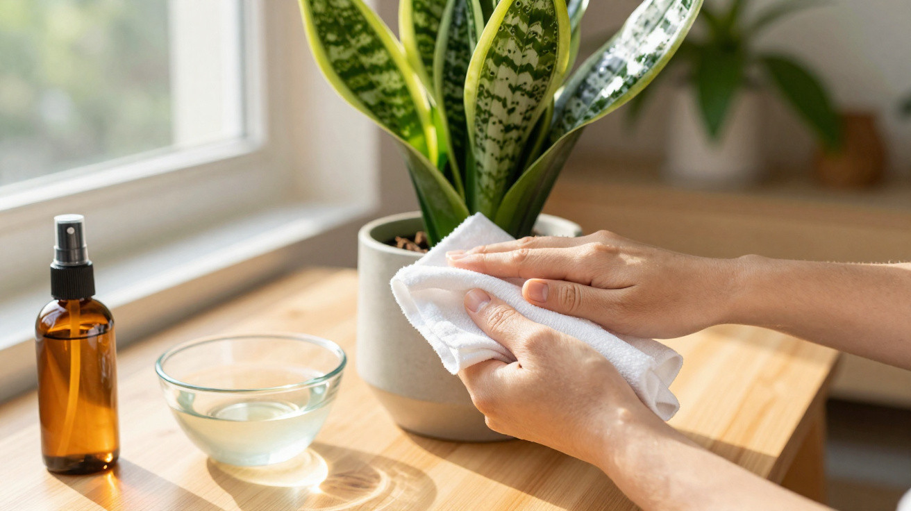 Hands wiping a green snake plant leaf with a white cloth on a wooden table near a window.