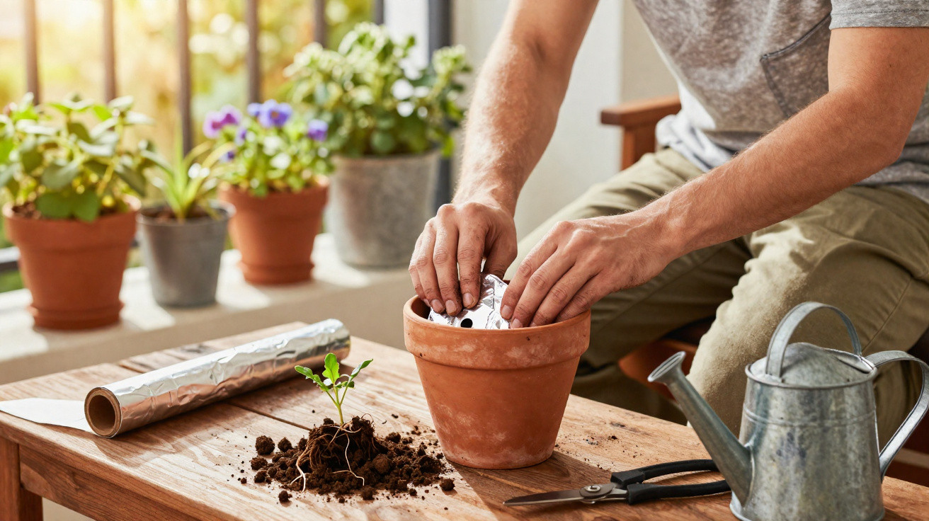 Person planting a seedling in a terracotta pot on a wooden table with gardening tools and foil nearby.