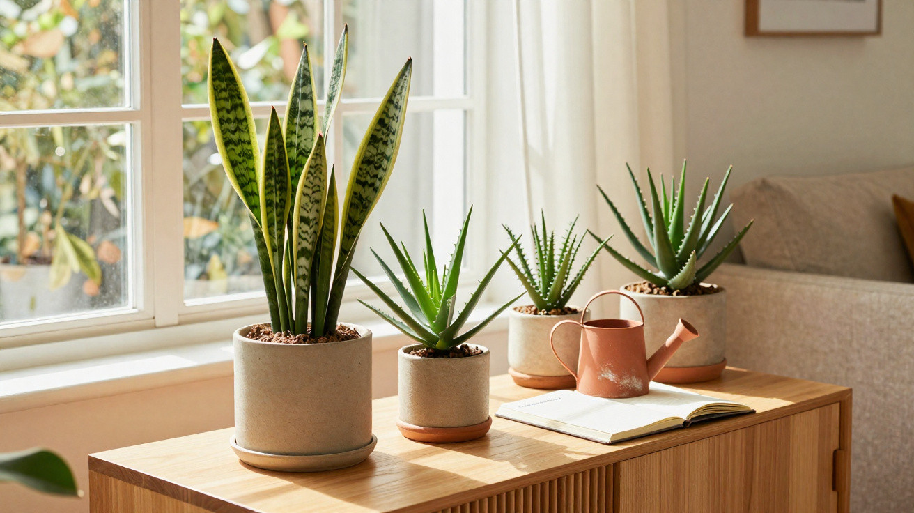 Four potted succulents on a wooden cabinet by a window with an open book and a small pink watering can.