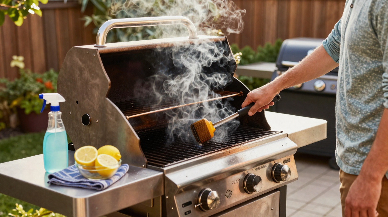 Person brushing a smoking grill on an outdoor barbecue with lemons and spray bottle nearby.