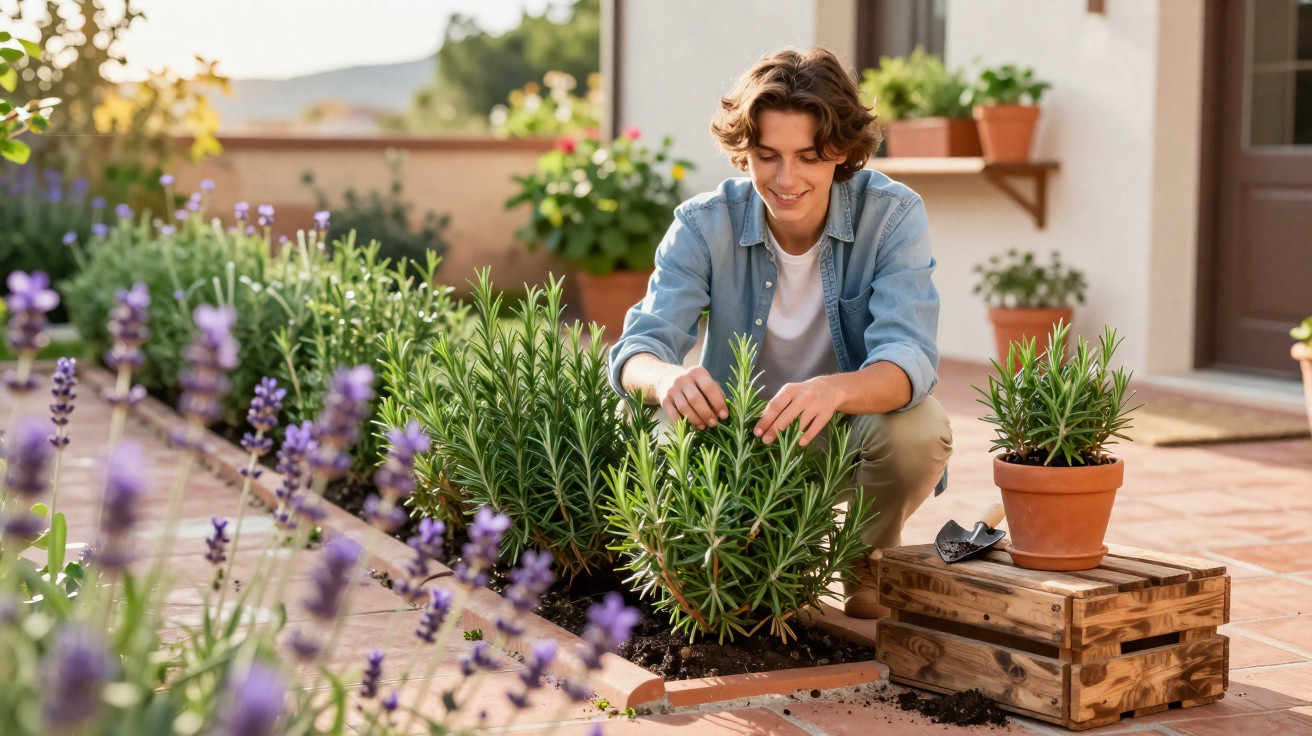Young man tending to rosemary plants in his garden on a sunny afternoon.