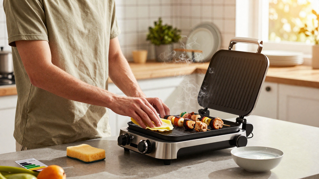 Person grilling vegetable and meat skewers on an electric grill in a bright kitchen with countertop items nearby.