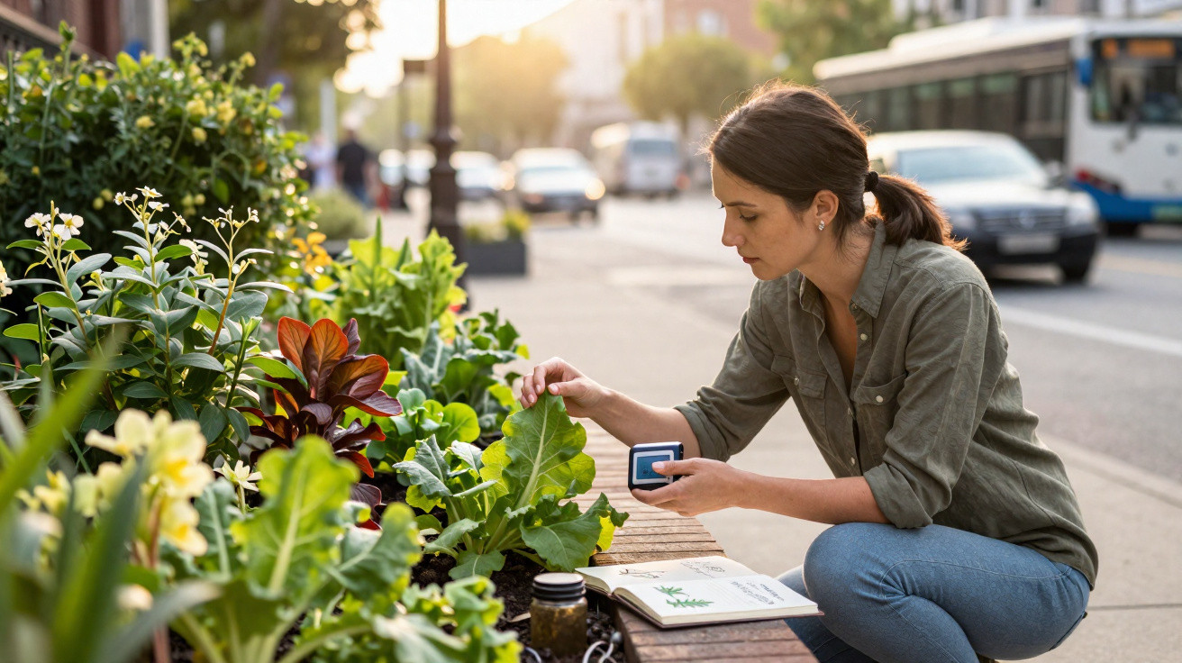 Woman examining plants in an urban garden, holding a device and a botanical guidebook beside her.