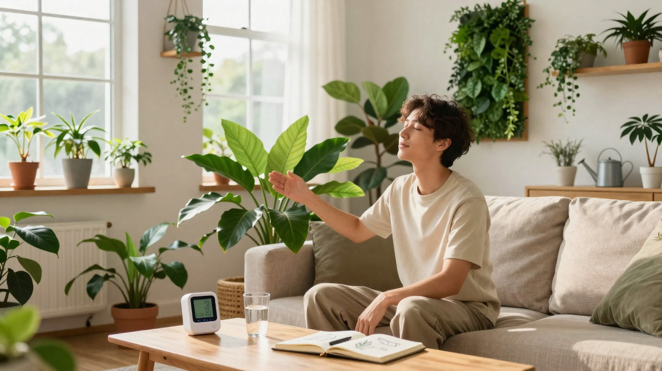 Person sitting on a sofa surrounded by indoor plants, reaching out to touch a large leaf in bright natural light.