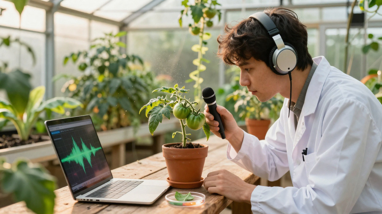 Scientist in lab coat using microphone and headphones to record sounds from a tomato plant in a greenhouse.