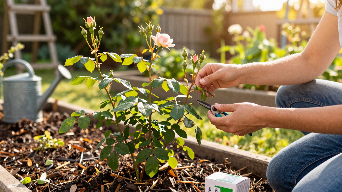 Person pruning a pink rose bush in a sunlit garden bed with gardening tools nearby.