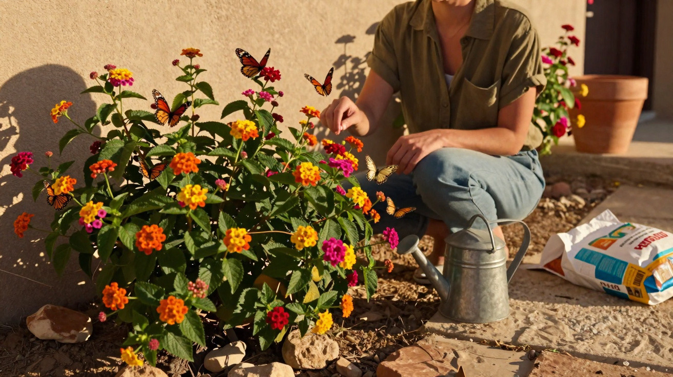 Person gardening colourful flowers with monarch butterflies and watering can nearby in sunlight