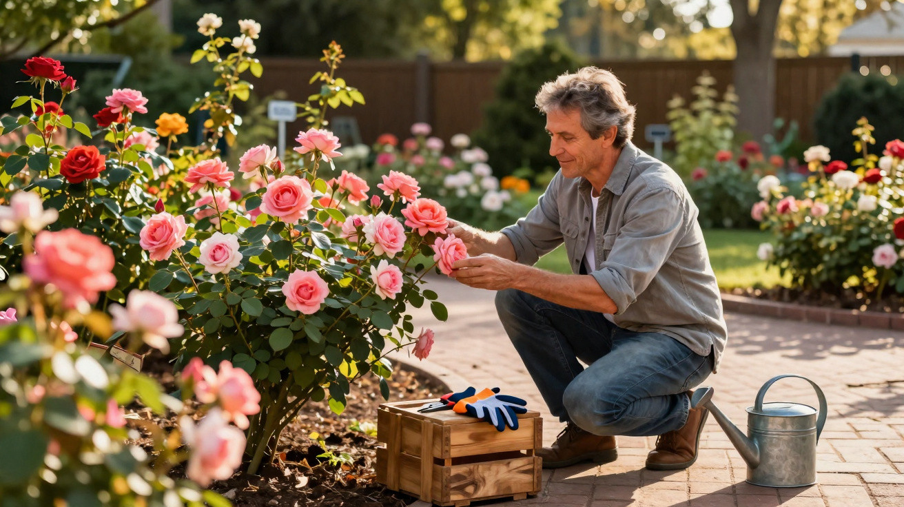 Man kneeling in garden, tending to pink roses with gardening gloves and watering can nearby on paved path.