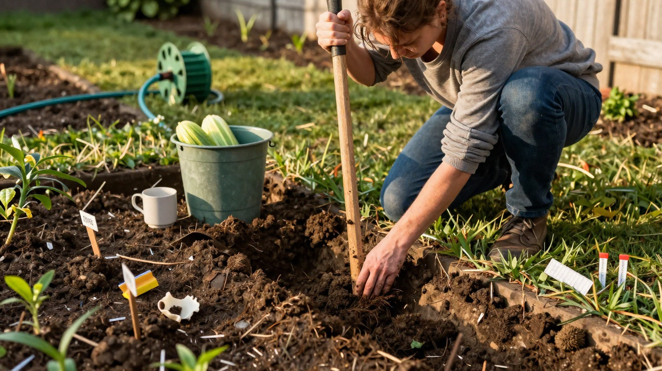 Person planting seeds with a stick in a garden bed surrounded by plants, buckets, and gardening tools.