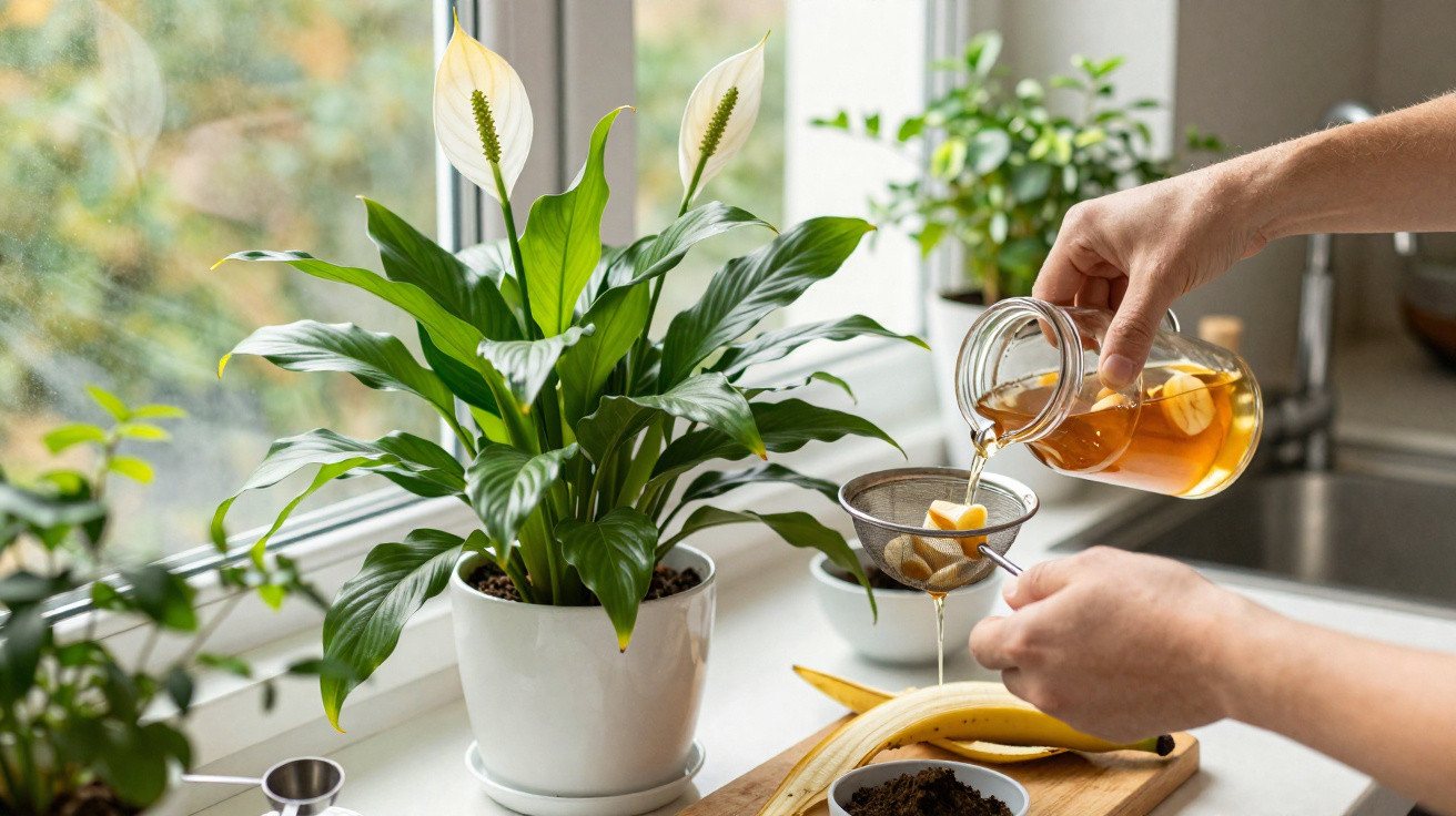 Hands pouring liquid through a strainer with a potted peace lily and bananas on a kitchen windowsill.