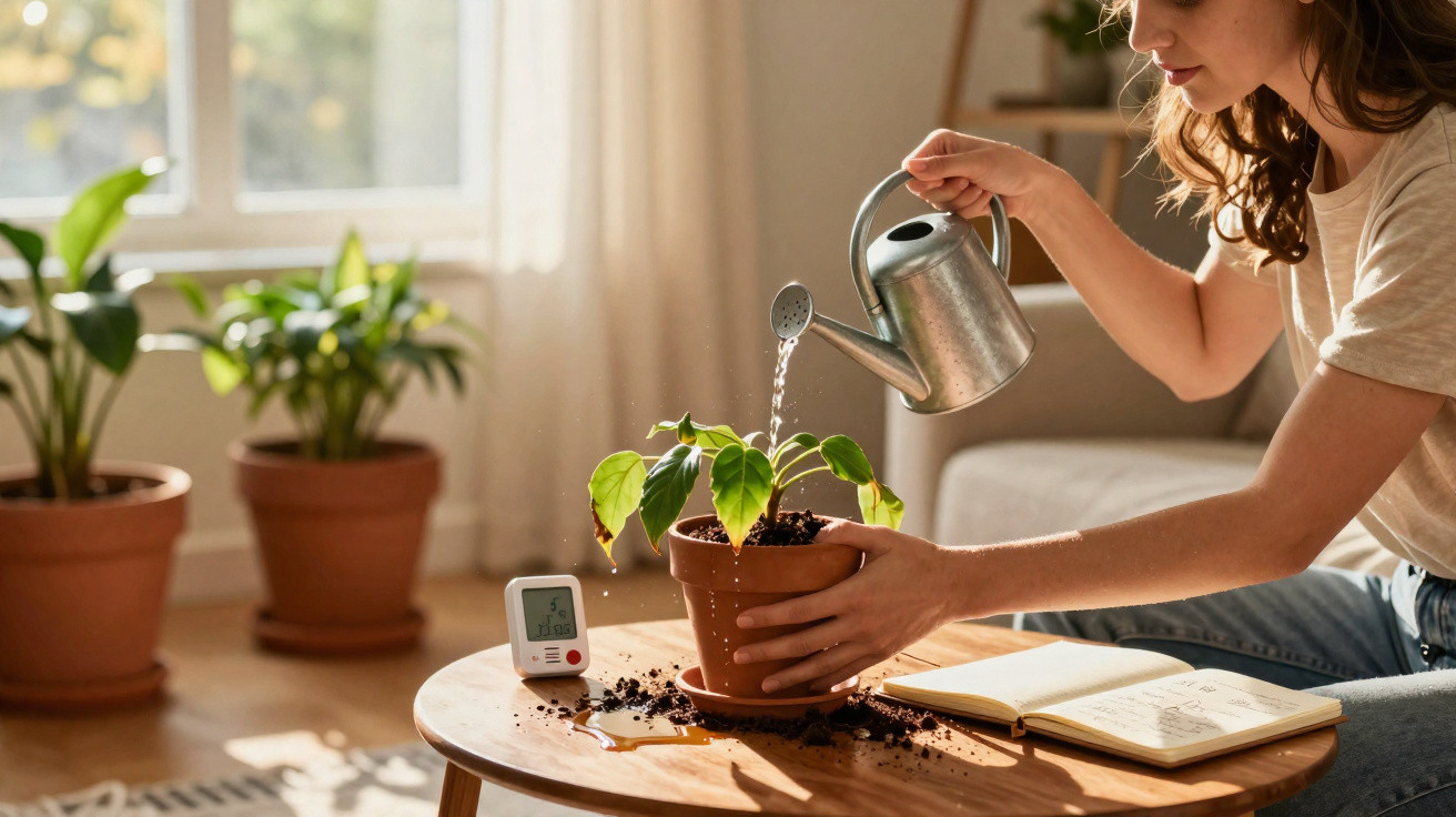 Person watering a potted plant on a wooden table with spilled soil and an open notebook nearby.