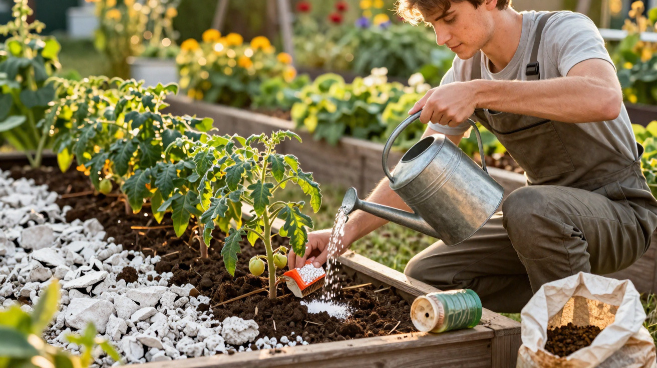 Young man watering tomato plants in a raised garden bed with fertiliser and soil amendment nearby.