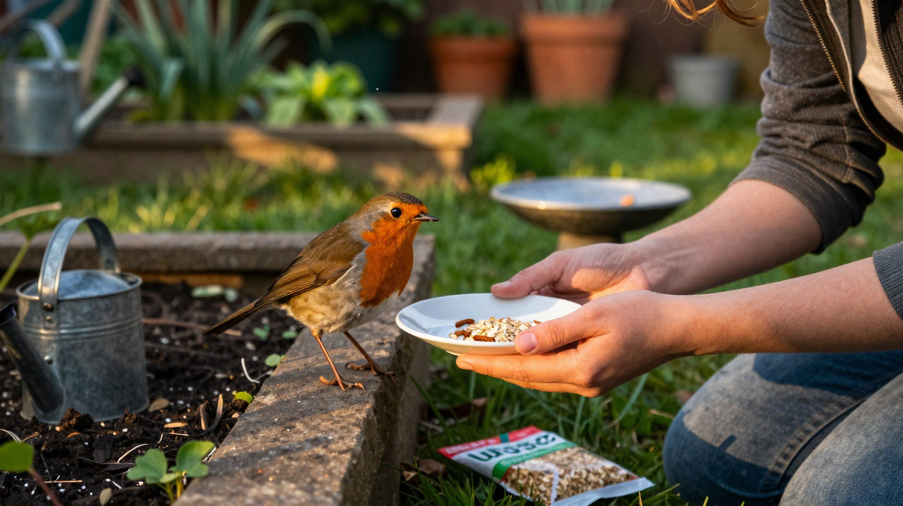 Person feeding a European robin with seeds on a white plate in a garden near a watering can.