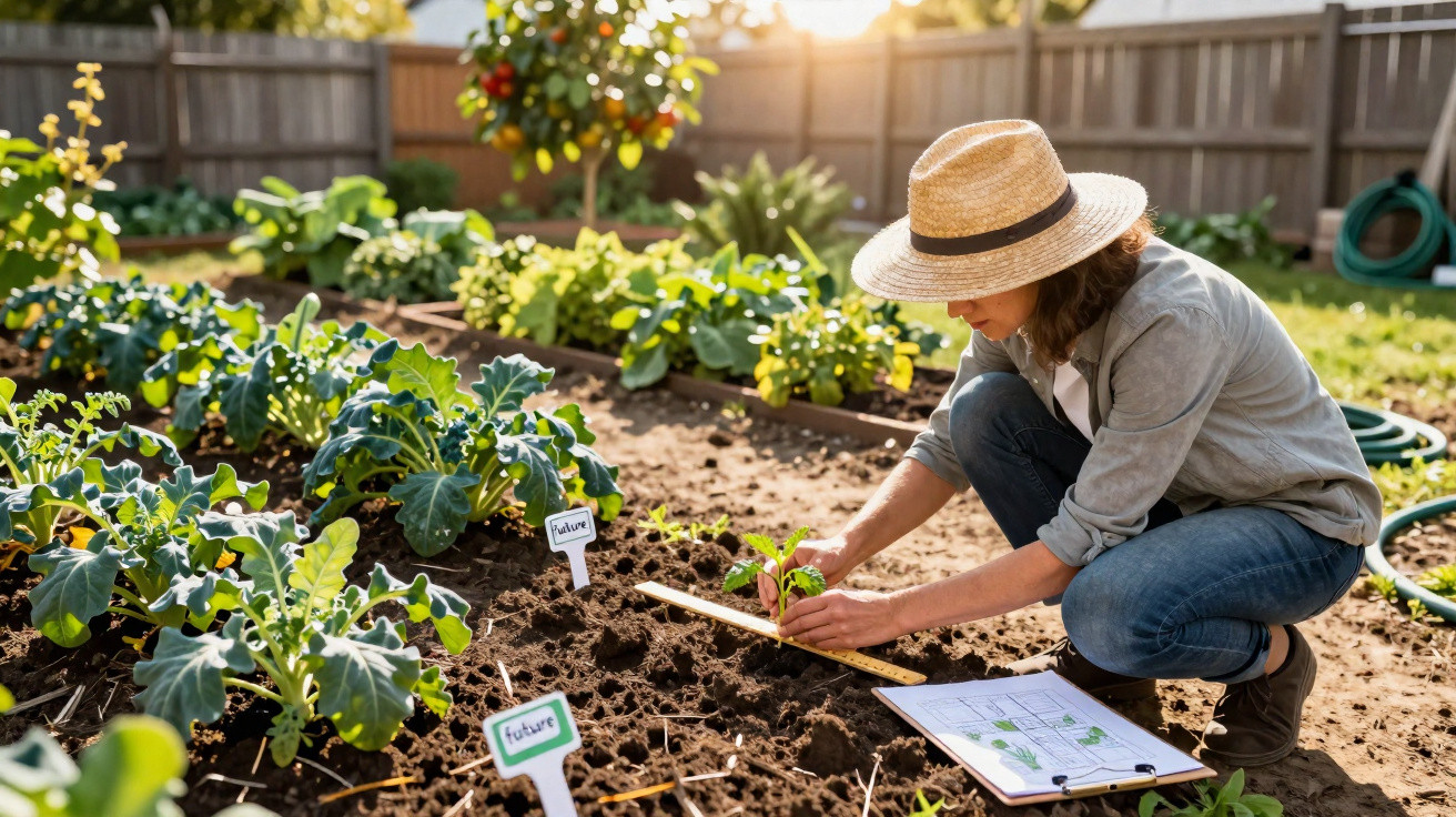 Person wearing a hat planting seedlings in a sunny garden with labelled plants and a clipboard nearby.