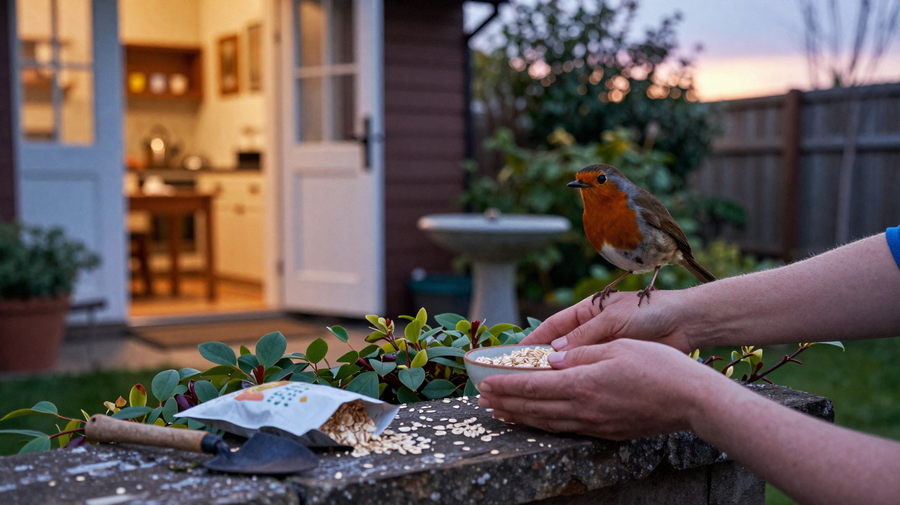 A person feeding a robin bird from a bowl of oats on a garden wall during sunset.