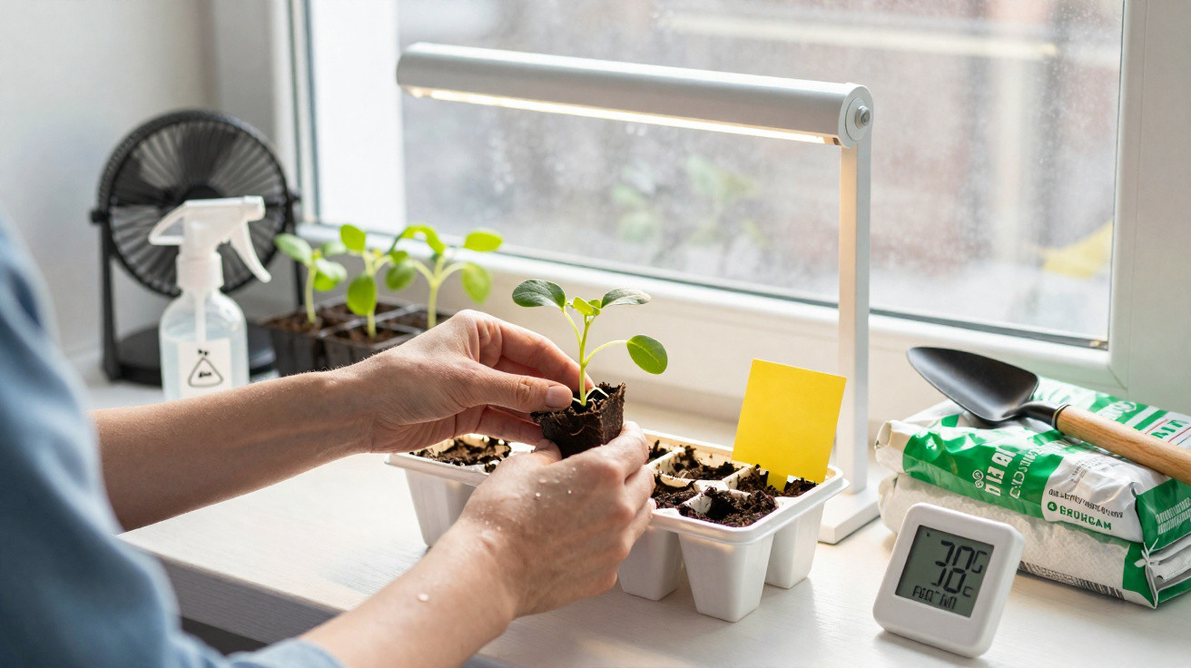 Hands transplanting a seedling into a small indoor garden tray on a windowsill under a grow light.