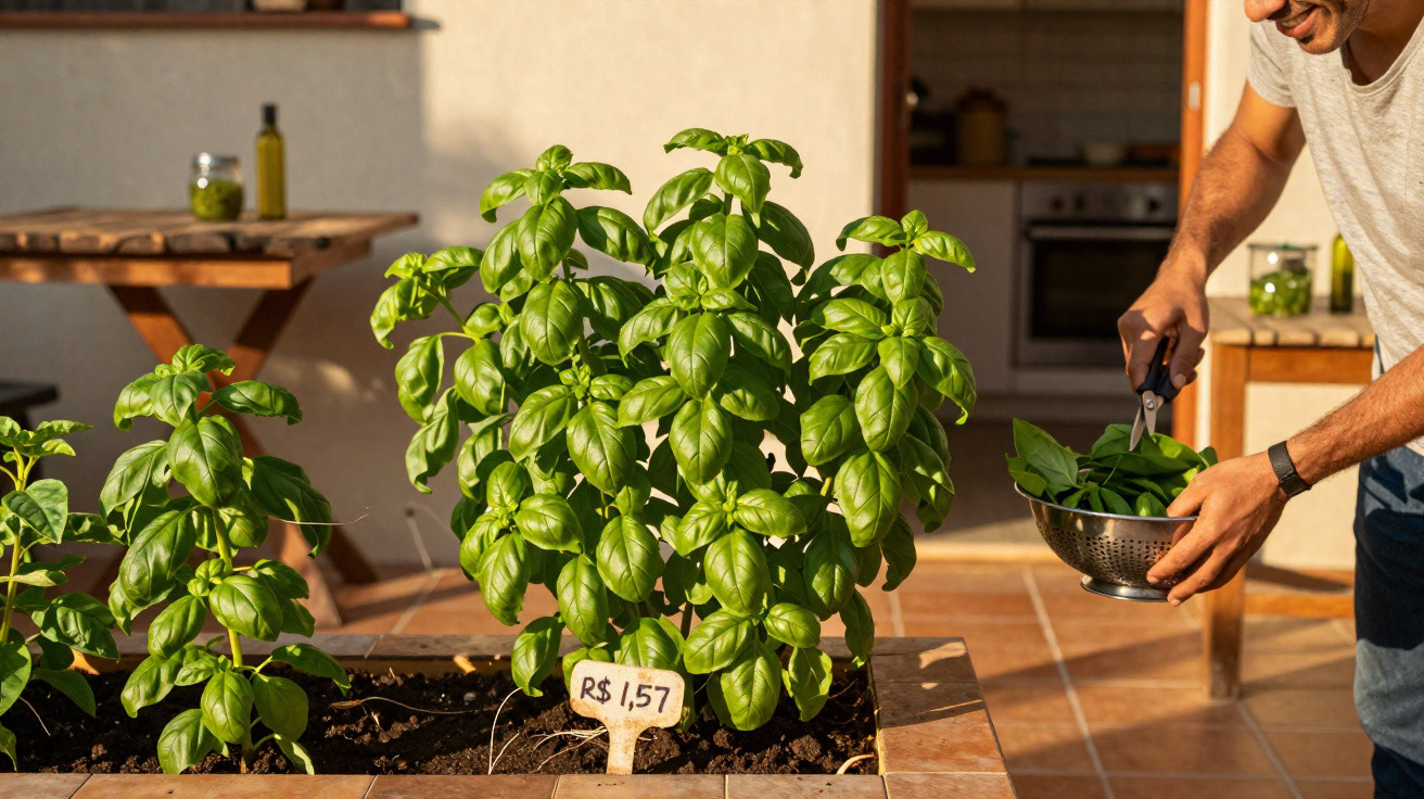 Man harvesting fresh basil leaves from a garden bed in a sunlit patio kitchen area.