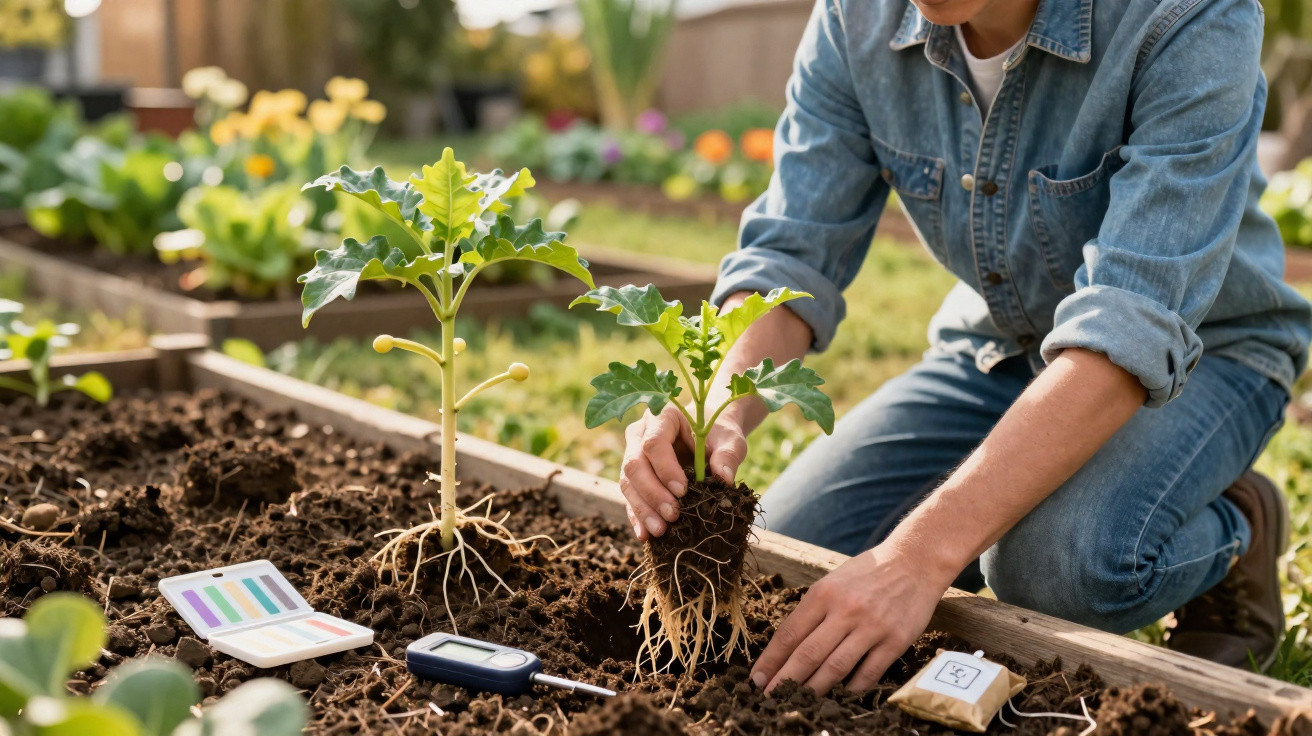 Person planting seedling in soil with garden test strips and moisture meter nearby in raised garden bed.
