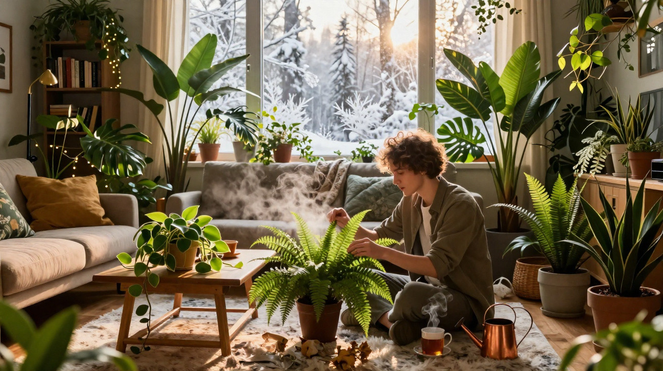 Person tending to indoor plants in a cosy living room with a snowy window view at sunset.