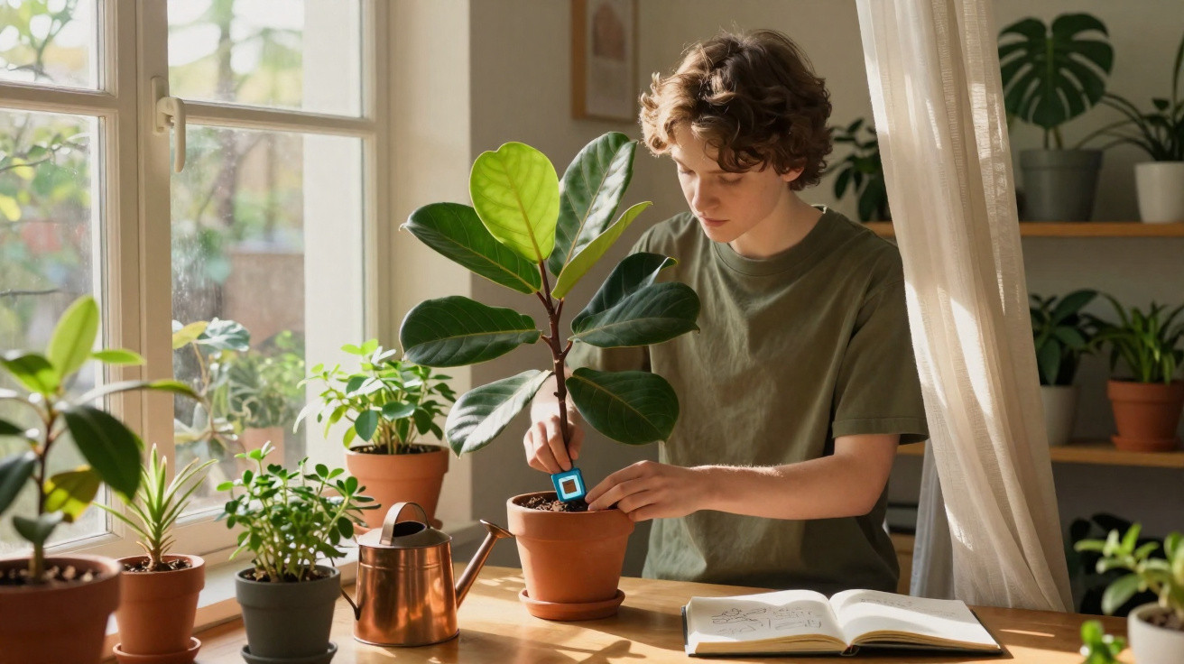 Young person measuring soil moisture of houseplant by sunlit window with gardening tools and open book nearby