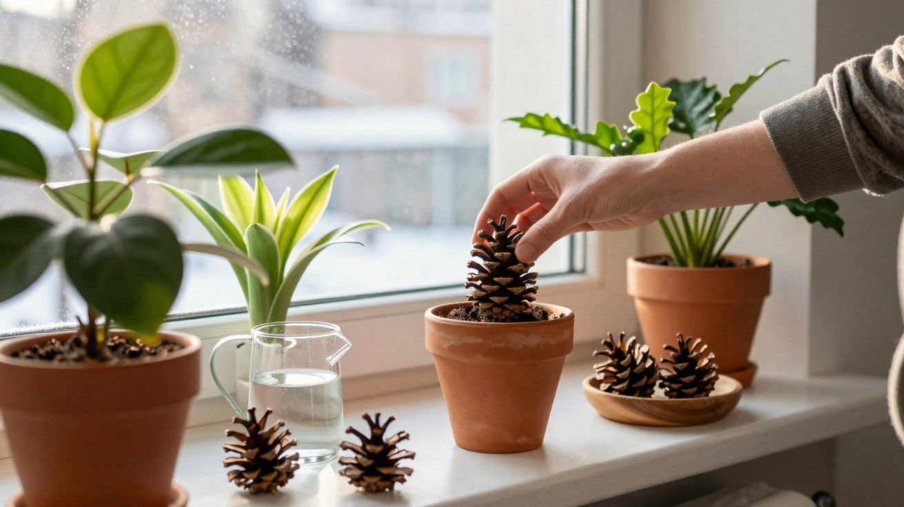 Hand placing a pinecone in a terracotta pot among potted plants on a windowsill on a rainy day.