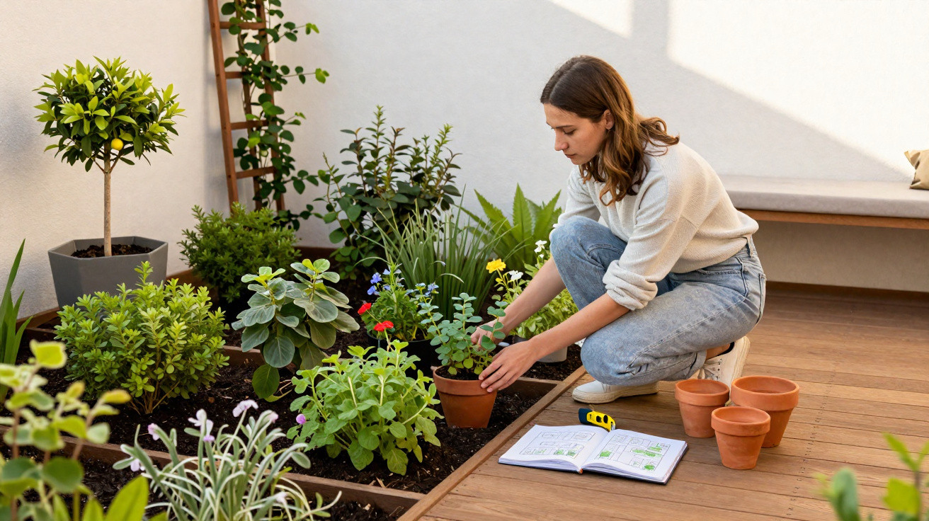 Woman gardening indoors arranging potted plants beside an open gardening book on wooden floor.