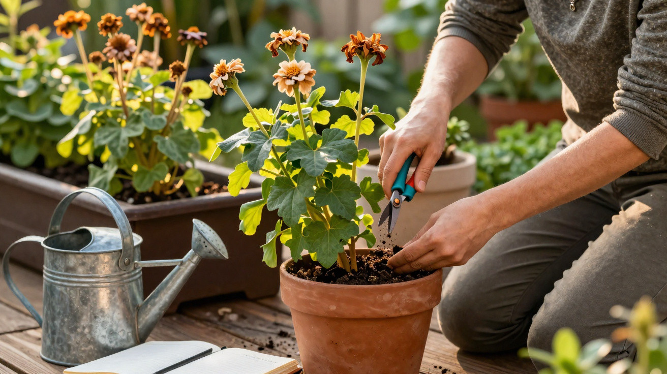 Person tending to a potted flowering plant with pruning shears beside a watering can and notebook.