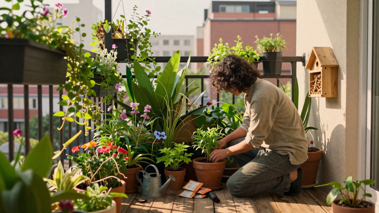 Person tending to potted plants on a sunny balcony filled with flowers and gardening tools.