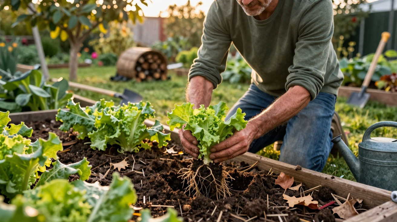 Man planting lettuce seedlings in a raised garden bed in a sunny backyard garden.
