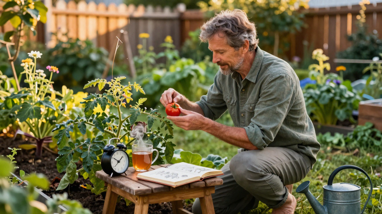 Man examining a ripe tomato in a garden with a watering can, book, clock, and cup of tea nearby.