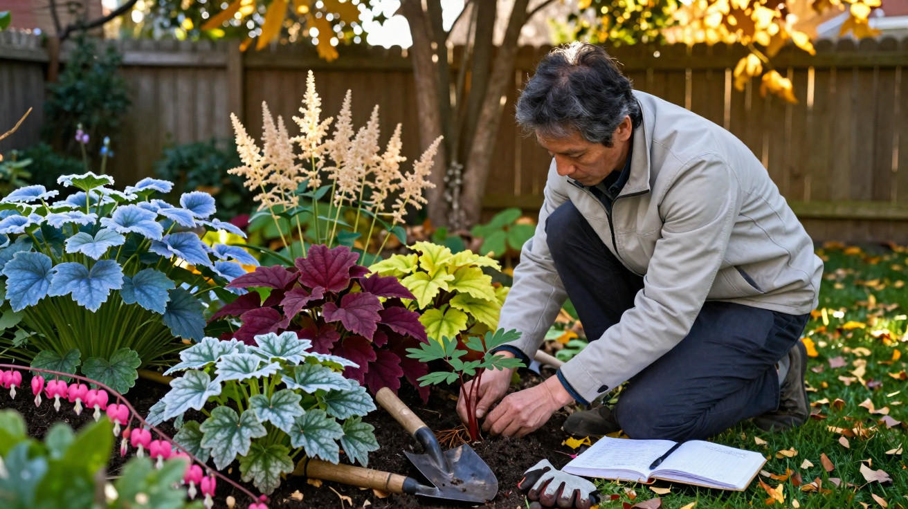 Man kneeling and planting in a colourful garden bed surrounded by gardening tools and a notebook.