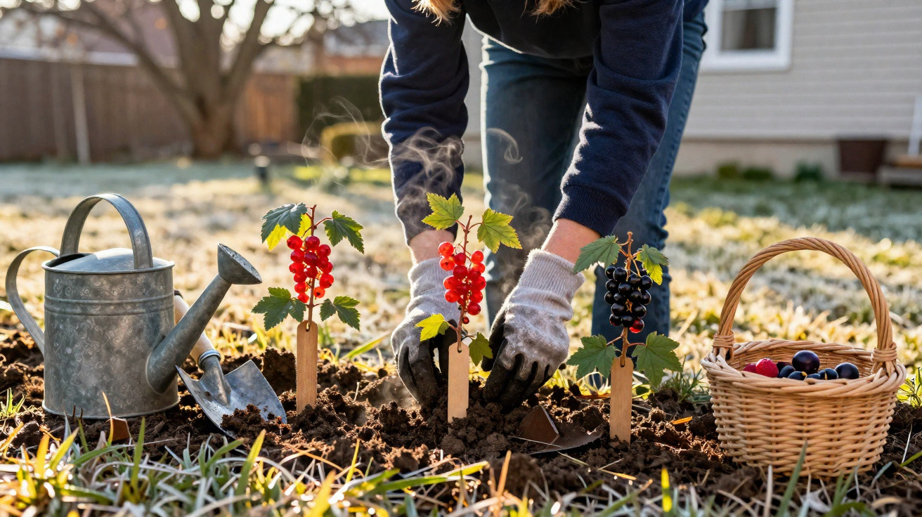 Person planting red and black currant bushes in a garden with gardening tools and a basket of berries nearby.