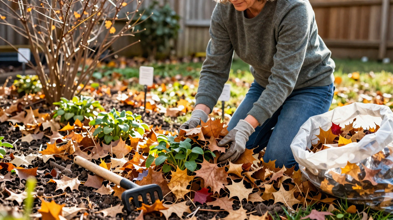 Person wearing gloves clearing fallen autumn leaves from a garden bed with green plants and garden tool nearby.