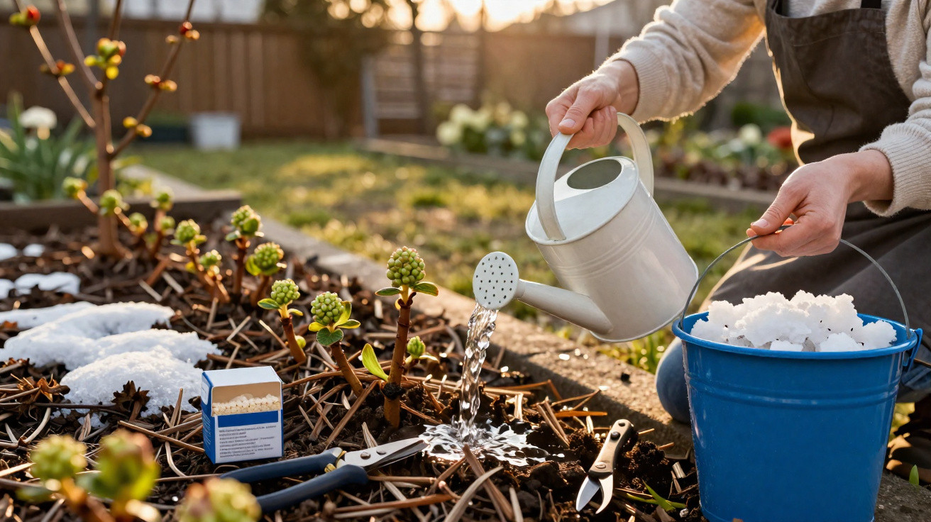 Person watering plants in a garden bed with a white watering can and a blue bucket of fertilizer pellets.